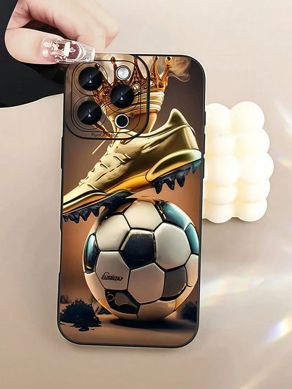 Soccer Theme Elements TPU Black Shockproof Soccer 1pc Black Football Graphic Full Coverage TPU Fashion Phone Case Compatible With IPhone 16, 15, 14, 13, 12, 11 Pro Max & Series Waterproof Anti-Fall Sc