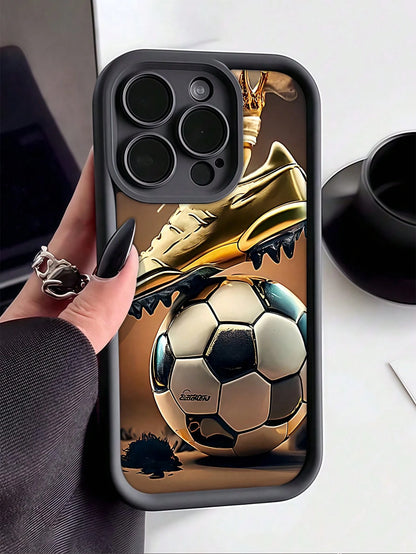 Soccer Theme Elements TPU Black Shockproof Soccer 1pc Black Football Graphic Full Coverage TPU Fashion Phone Case Compatible With IPhone 16, 15, 14, 13, 12, 11 Pro Max & Series Waterproof Anti-Fall Sc