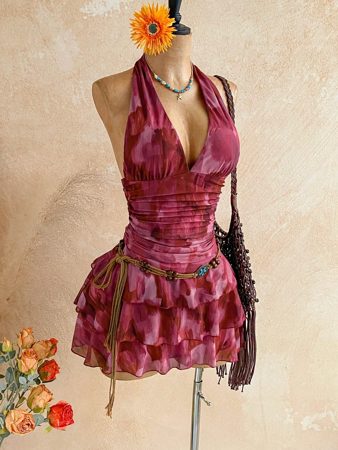 Soleia Autumn/Winter Vintage Zebra Tie Dye Print V-Neck Tie-Up Mesh Ruched Holiday Dress Short Dress For, Women Beautiful Party,No Chest Padding