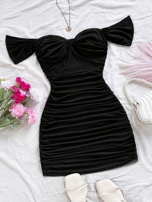 Soleia Black Vacation Knit Mesh Off Shoulder Bodycon Dress For Women No Chest Padding