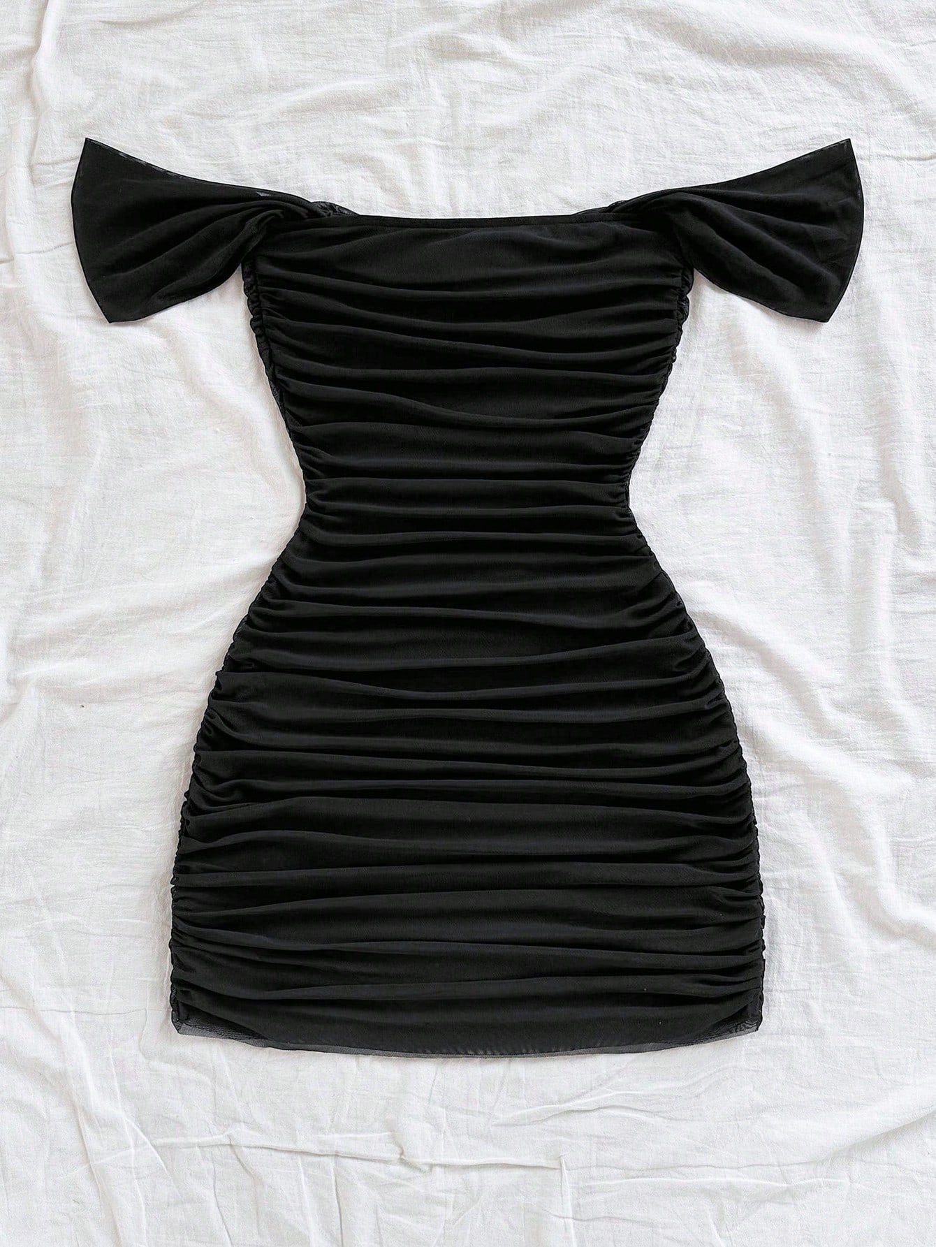 Soleia Black Vacation Knit Mesh Off Shoulder Bodycon Dress For Women No Chest Padding