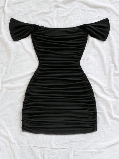 Soleia Black Vacation Knit Mesh Off Shoulder Bodycon Dress For Women No Chest Padding