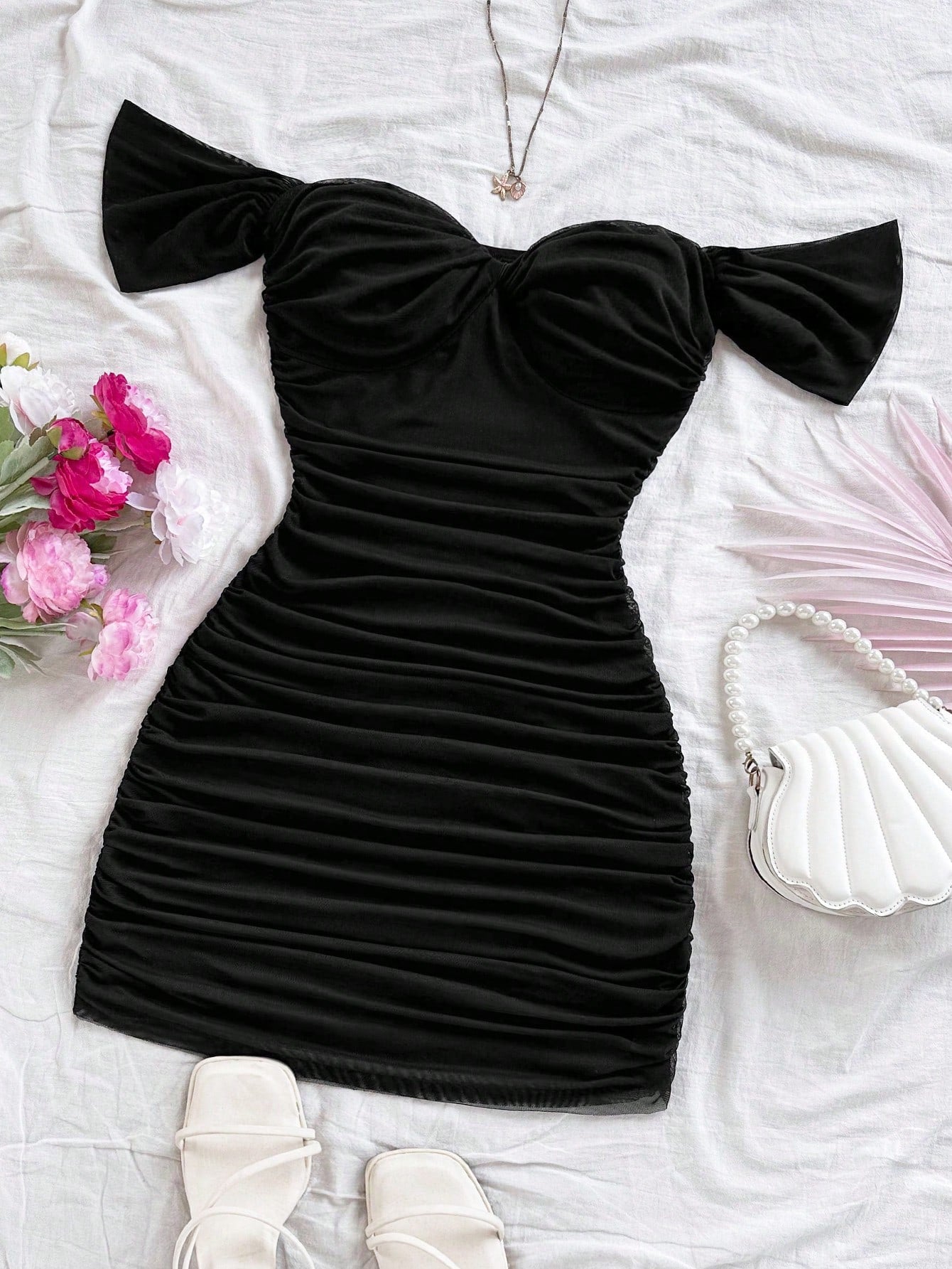 Soleia Black Vacation Knit Mesh Off Shoulder Bodycon Dress For Women No Chest Padding