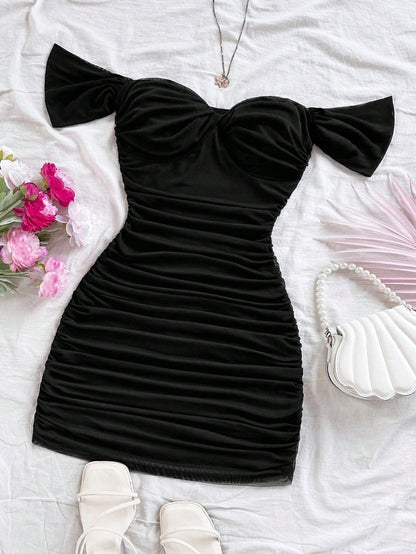 Soleia Black Vacation Knit Mesh Off Shoulder Bodycon Dress For Women No Chest Padding