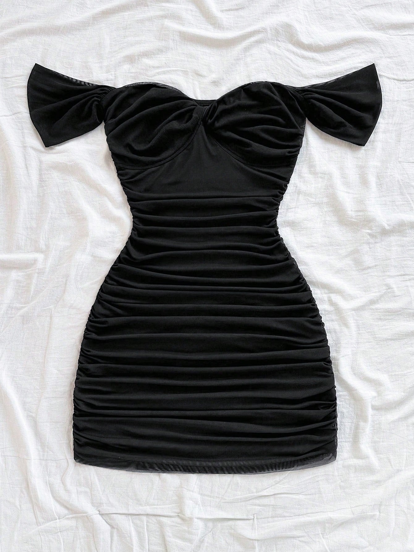Soleia Black Vacation Knit Mesh Off Shoulder Bodycon Dress For Women No Chest Padding
