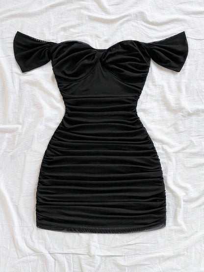 Soleia Black Vacation Knit Mesh Off Shoulder Bodycon Dress For Women No Chest Padding