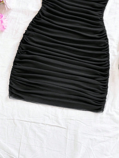 Soleia Black Vacation Knit Mesh Off Shoulder Bodycon Dress For Women No Chest Padding