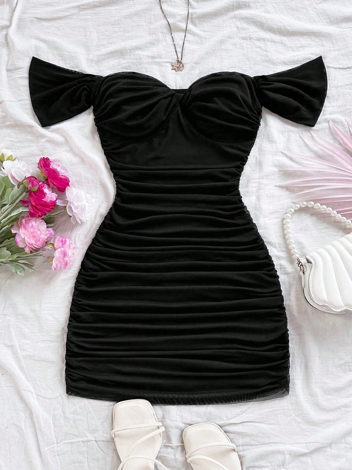 Soleia Black Vacation Knit Mesh Off Shoulder Bodycon Dress For Women No Chest Padding