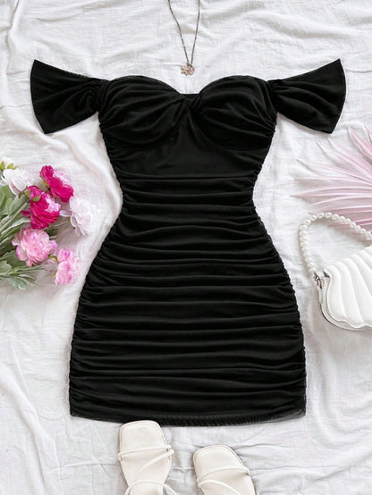Soleia Black Vacation Knit Mesh Off Shoulder Bodycon Dress For Women No Chest Padding