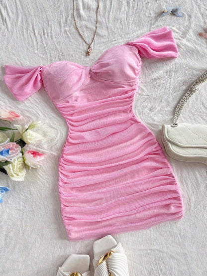Soleia Black Vacation Knit Mesh Off Shoulder Bodycon Dress For Women No Chest Padding