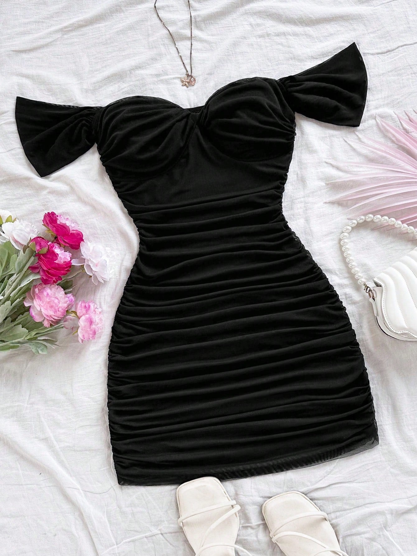 Soleia Black Vacation Knit Mesh Off Shoulder Bodycon Dress For Women No Chest Padding