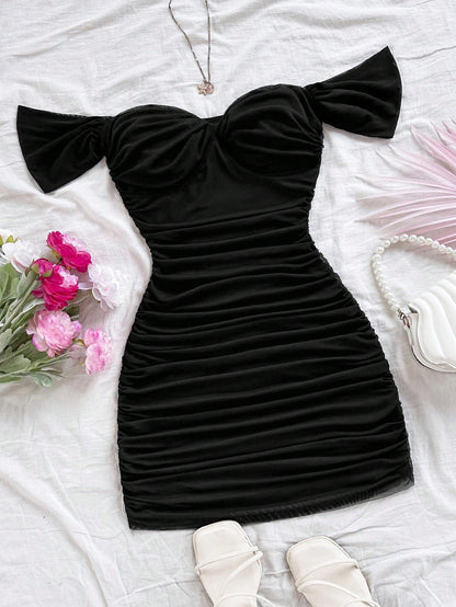 Soleia Black Vacation Knit Mesh Off Shoulder Bodycon Dress For Women No Chest Padding