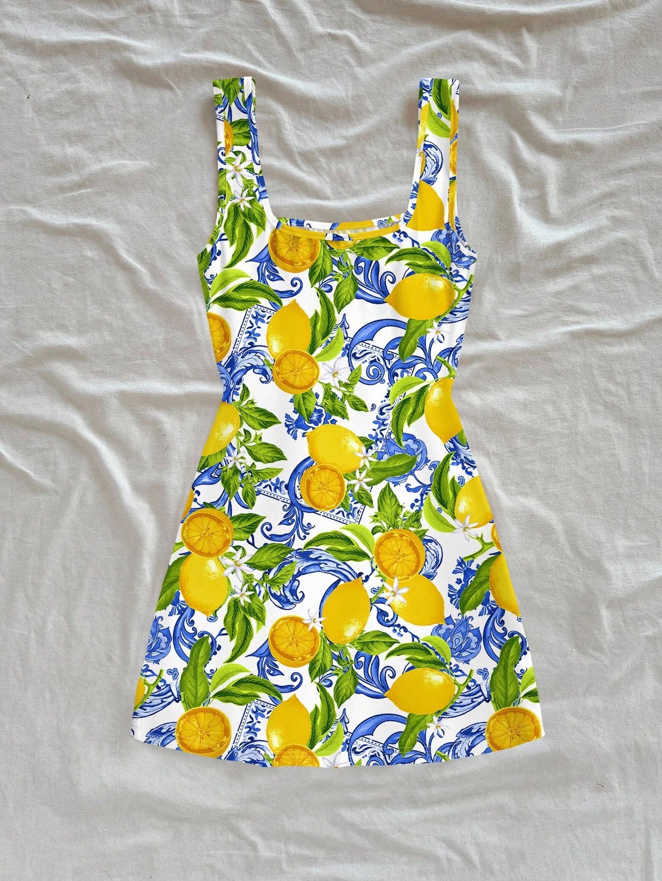 Soleia Casual Vacation Style Blue Paisley & Yellow Lemon Print Pattern U-Neck Backless Mini Dress For Women, Suitable Summer, Beach & Resort Dresses Chic