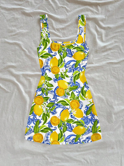 Soleia Casual Vacation Style Blue Paisley & Yellow Lemon Print Pattern U-Neck Backless Mini Dress For Women, Suitable Summer, Beach & Resort Dresses Chic