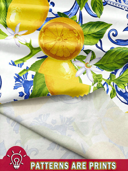 Soleia Casual Vacation Style Blue Paisley & Yellow Lemon Print Pattern U-Neck Backless Mini Dress For Women, Suitable Summer, Beach & Resort Dresses Chic