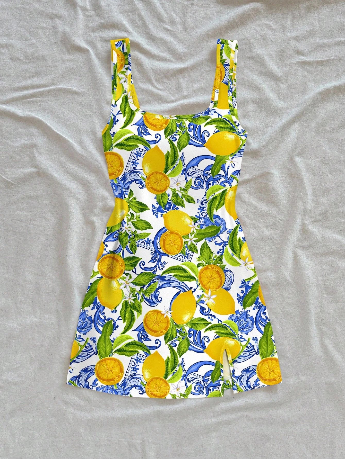 Soleia Casual Vacation Style Blue Paisley & Yellow Lemon Print Pattern U-Neck Backless Mini Dress For Women, Suitable Summer, Beach & Resort Dresses Chic