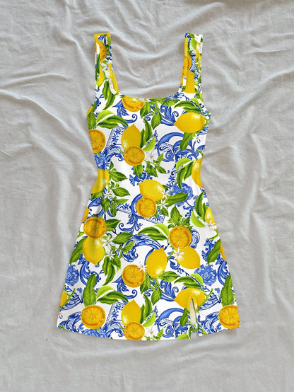 Soleia Casual Vacation Style Blue Paisley & Yellow Lemon Print Pattern U-Neck Backless Mini Dress For Women, Suitable Summer, Beach & Resort Dresses Chic