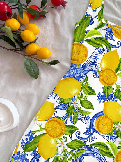 Soleia Casual Vacation Style Blue Paisley & Yellow Lemon Print Pattern U-Neck Backless Mini Dress For Women, Suitable Summer, Beach & Resort Dresses Chic