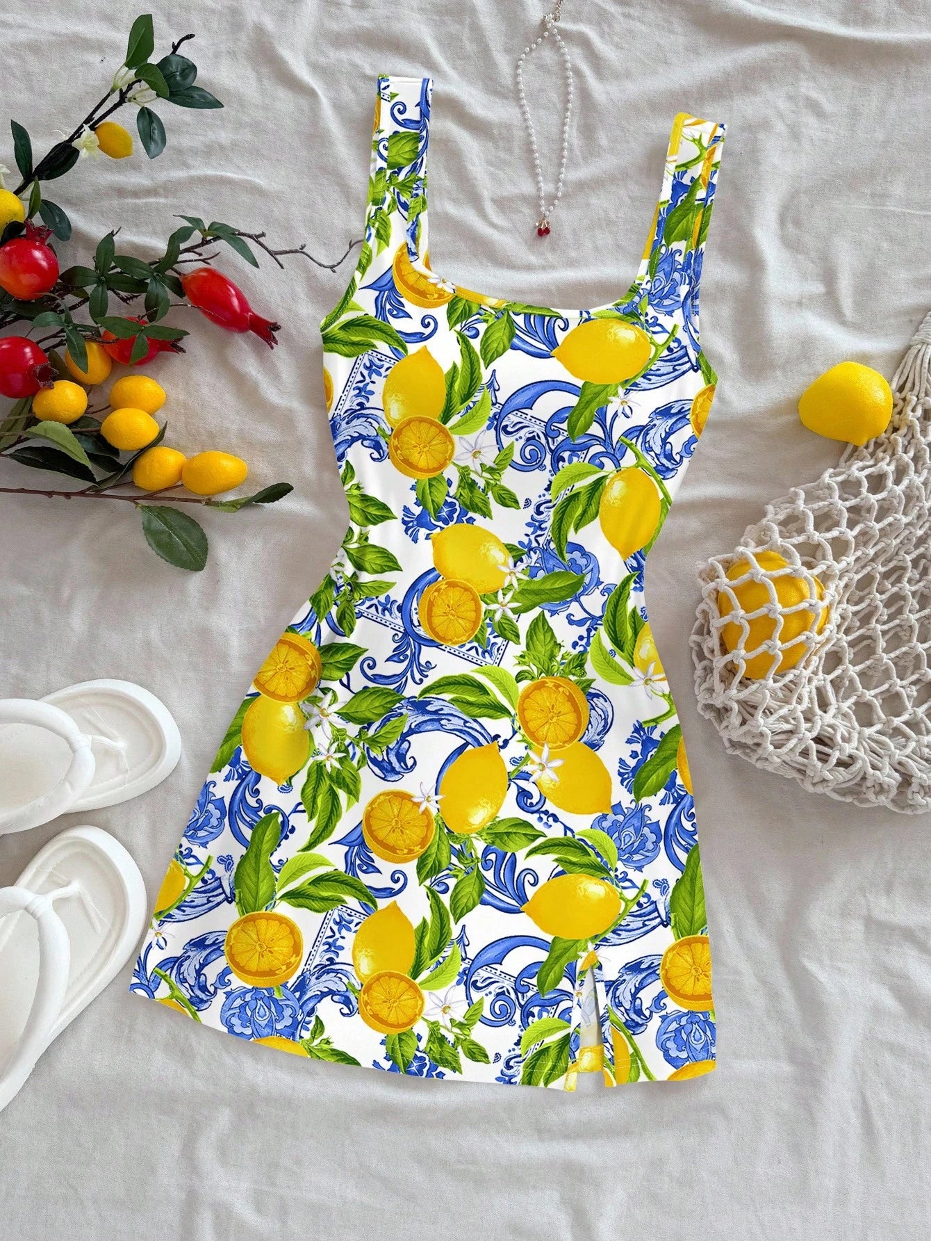Soleia Casual Vacation Style Blue Paisley & Yellow Lemon Print Pattern U-Neck Backless Mini Dress For Women, Suitable Summer, Beach & Resort Dresses Chic