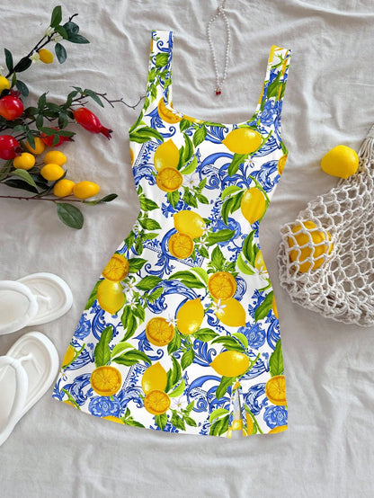 Soleia Casual Vacation Style Blue Paisley & Yellow Lemon Print Pattern U-Neck Backless Mini Dress For Women, Suitable Summer, Beach & Resort Dresses Chic