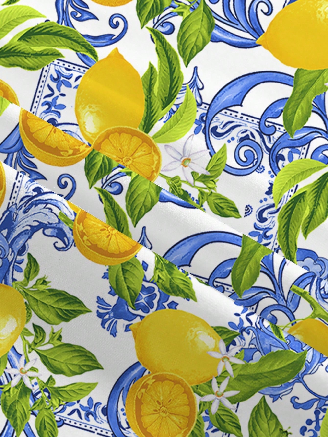 Soleia Casual Vacation Style Blue Paisley & Yellow Lemon Print Pattern U-Neck Backless Mini Dress For Women, Suitable Summer, Beach & Resort Dresses Chic