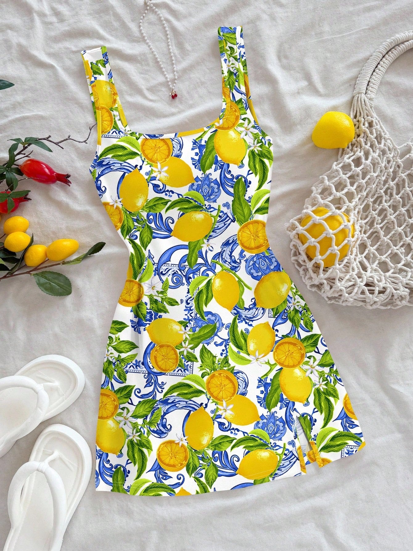 Soleia Casual Vacation Style Blue Paisley & Yellow Lemon Print Pattern U-Neck Backless Mini Dress For Women, Suitable Summer, Beach & Resort Dresses Chic