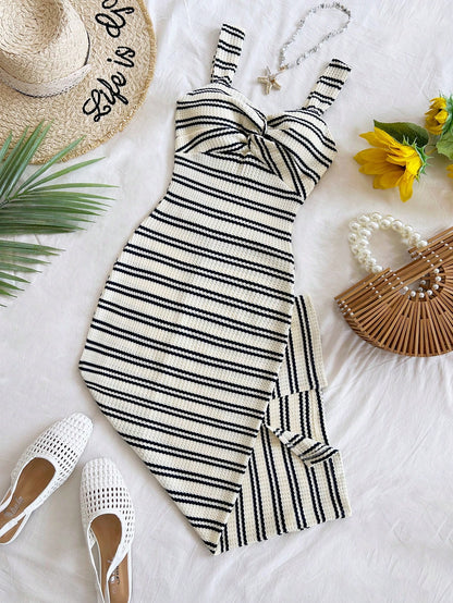 Soleia Dresses For Women Casual Stripes Fall Outfits Women's Striped Sleeveless Mid-Length Dress Striped Dress Summer Dress No Chest Padding