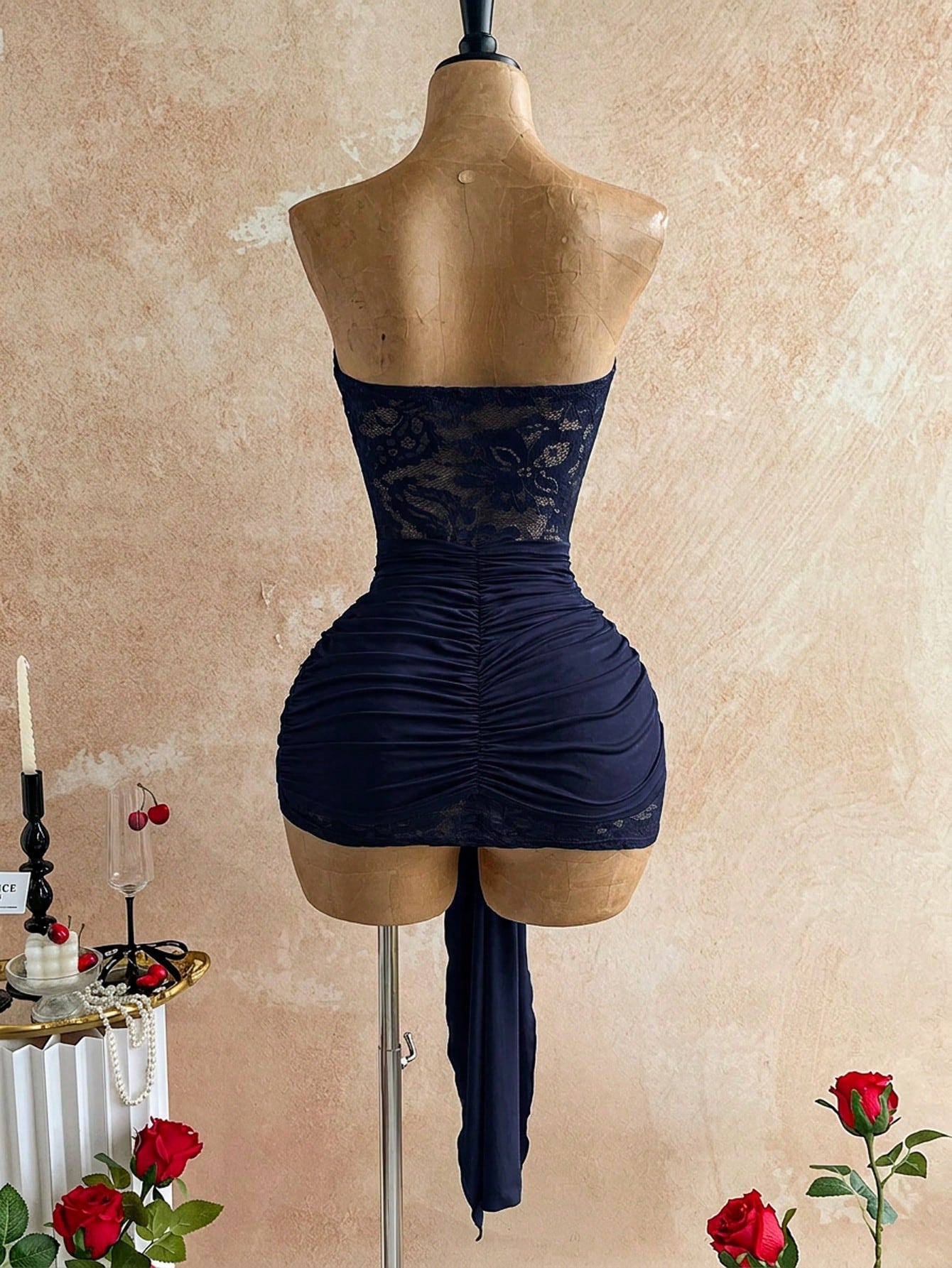 Soleia New Lace Twist Bandeau Vintage Pink Sheer Drawstring Hem Bodycon Mini Dress, Boho Style For Party, Banquet, Vacation, Cruise, Beach
