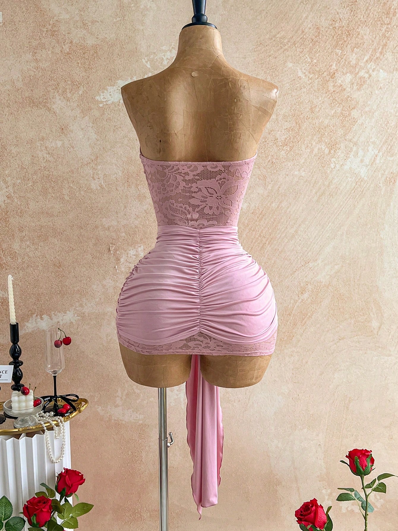 Soleia New Lace Twist Bandeau Vintage Pink Sheer Drawstring Hem Bodycon Mini Dress, Boho Style For Party, Banquet, Vacation, Holiday, Beach, Cruise,Pink