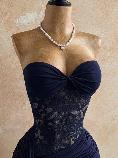 Soleia New Lace Twist Bandeau Vintage Pink Sheer Drawstring Hem Bodycon Mini Dress, Boho Style For Party, Banquet, Vacation, Cruise, Beach