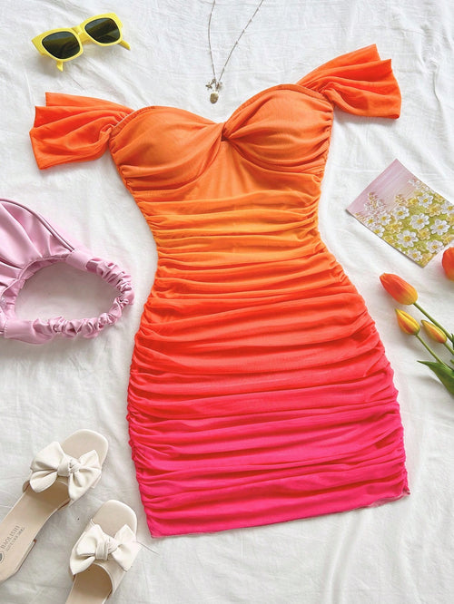 Soleia Sunset Gradient Print Mesh Strapless Bodycon Dress,Elegant Seksi Chic Holiday Vacation Burnt Orange Hollow-Out Backless Mini Dress No Chest Padding