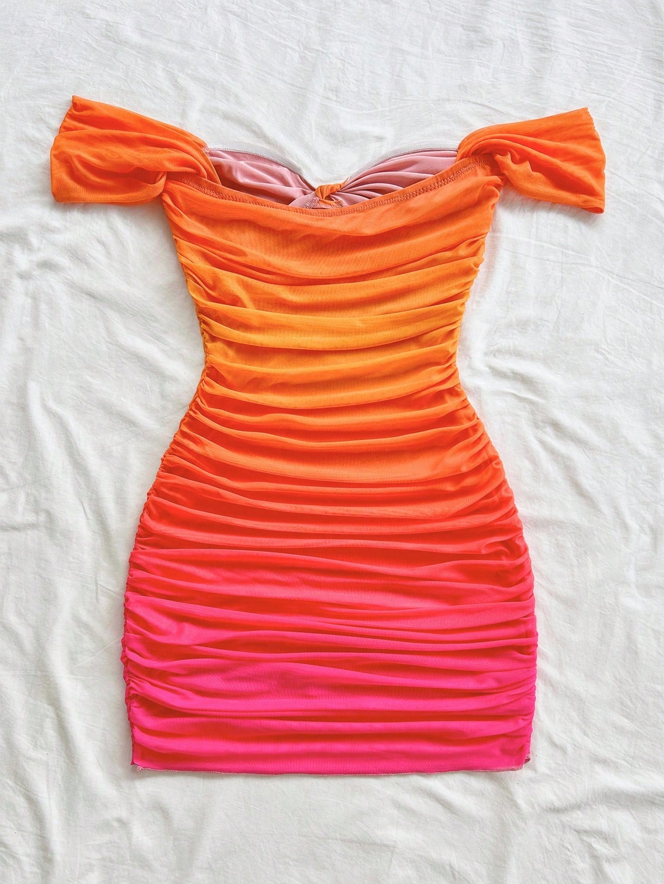 Soleia Sunset Gradient Print Mesh Strapless Bodycon Dress,Elegant Seksi Chic Holiday Vacation Burnt Orange Hollow-Out Backless Mini Dress No Chest Padding