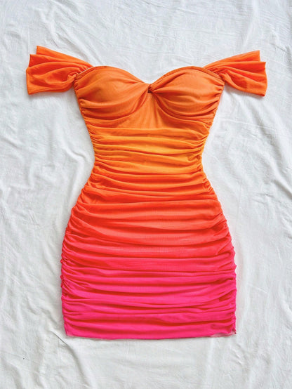 Soleia Sunset Gradient Print Mesh Strapless Bodycon Dress,Elegant Seksi Chic Holiday Vacation Burnt Orange Hollow-Out Backless Mini Dress No Chest Padding
