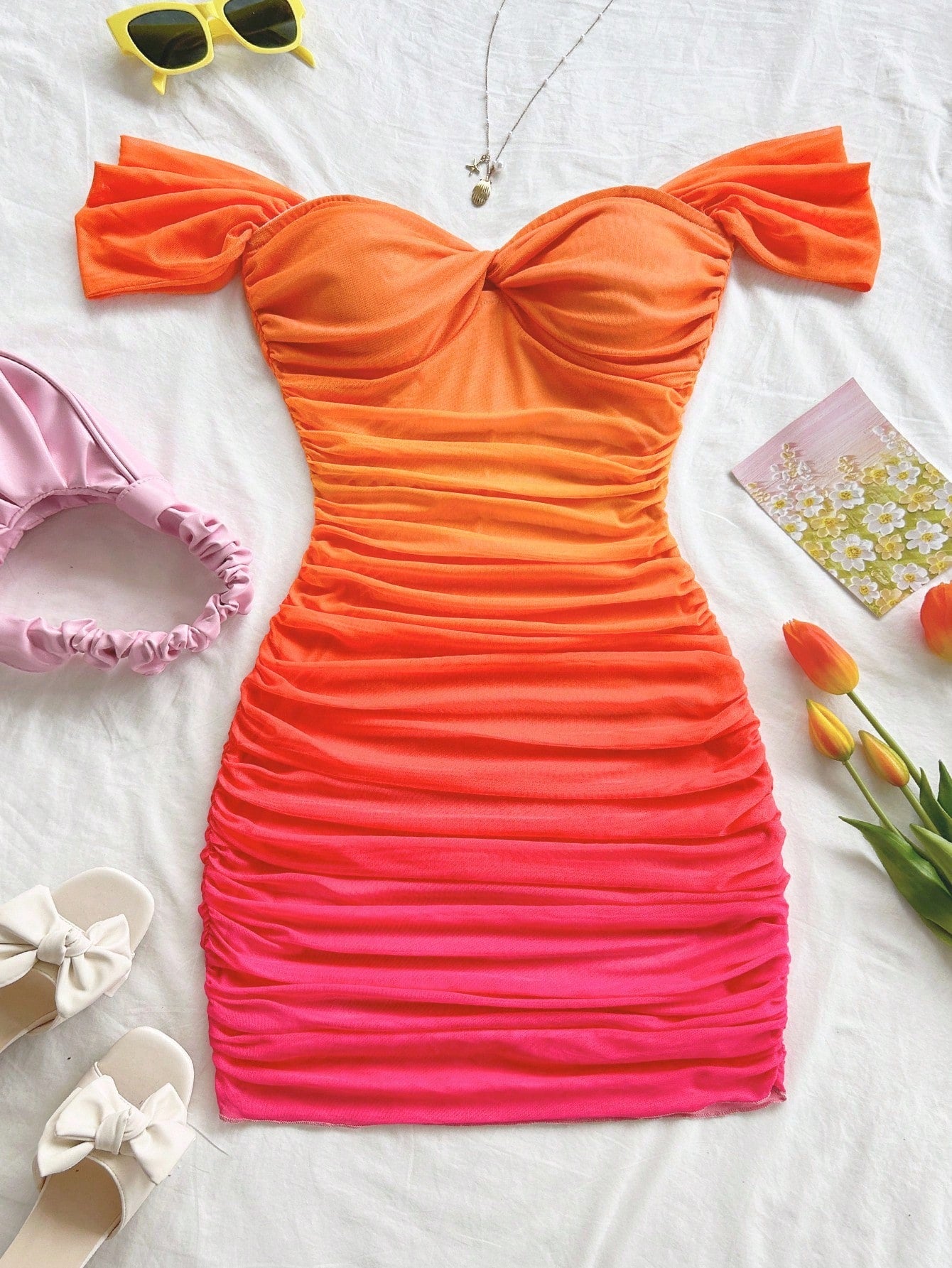 Soleia Sunset Gradient Print Mesh Strapless Bodycon Dress,Elegant Seksi Chic Holiday Vacation Burnt Orange Hollow-Out Backless Mini Dress No Chest Padding