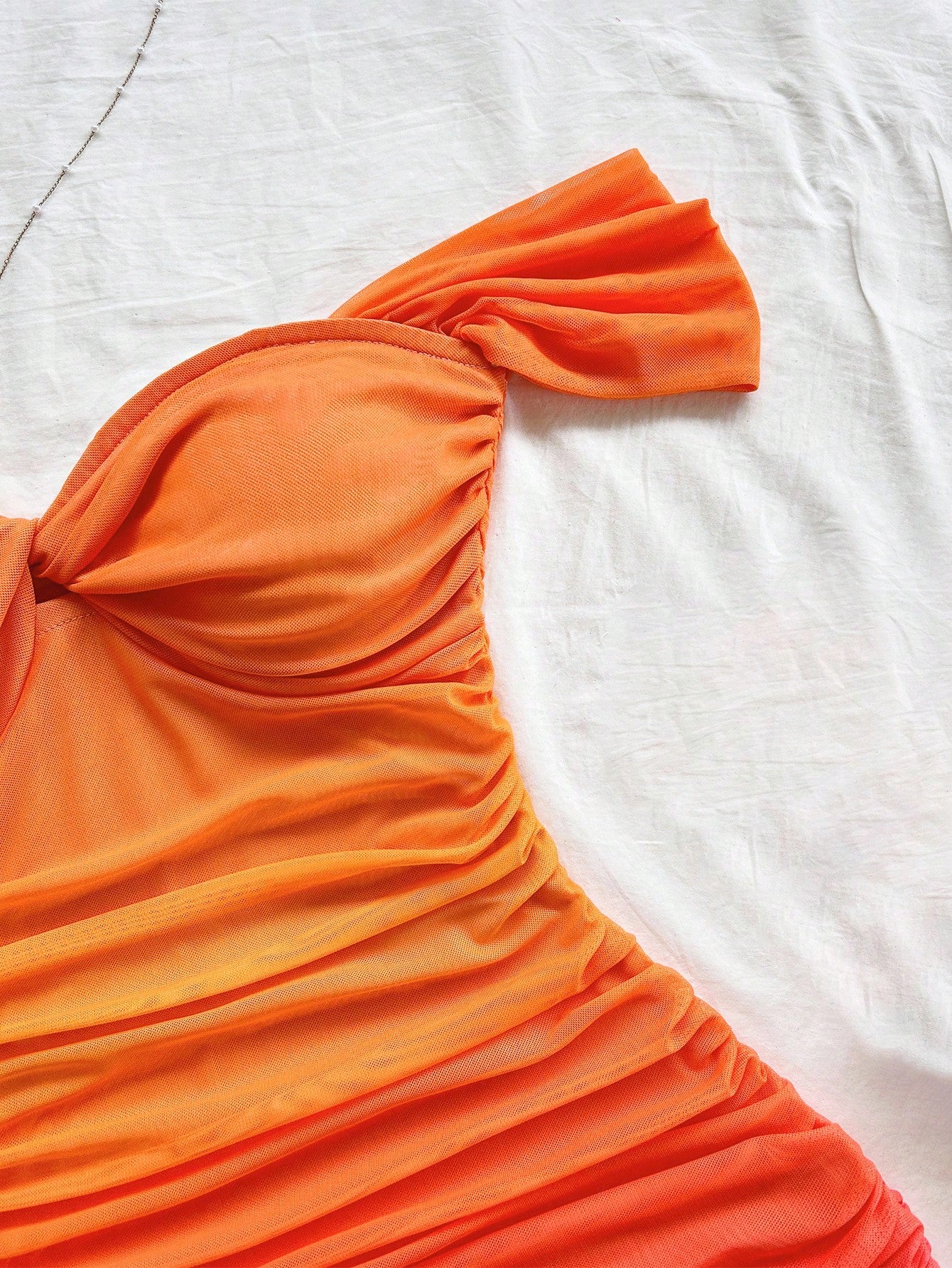 Soleia Sunset Gradient Print Mesh Strapless Bodycon Dress,Elegant Seksi Chic Holiday Vacation Burnt Orange Hollow-Out Backless Mini Dress No Chest Padding