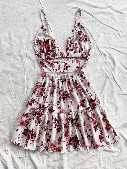 Soleia Vacation Spaghetti Strap V-Neck Hollow-Out Backless Floral Print Dress,Summer Dresses For Women