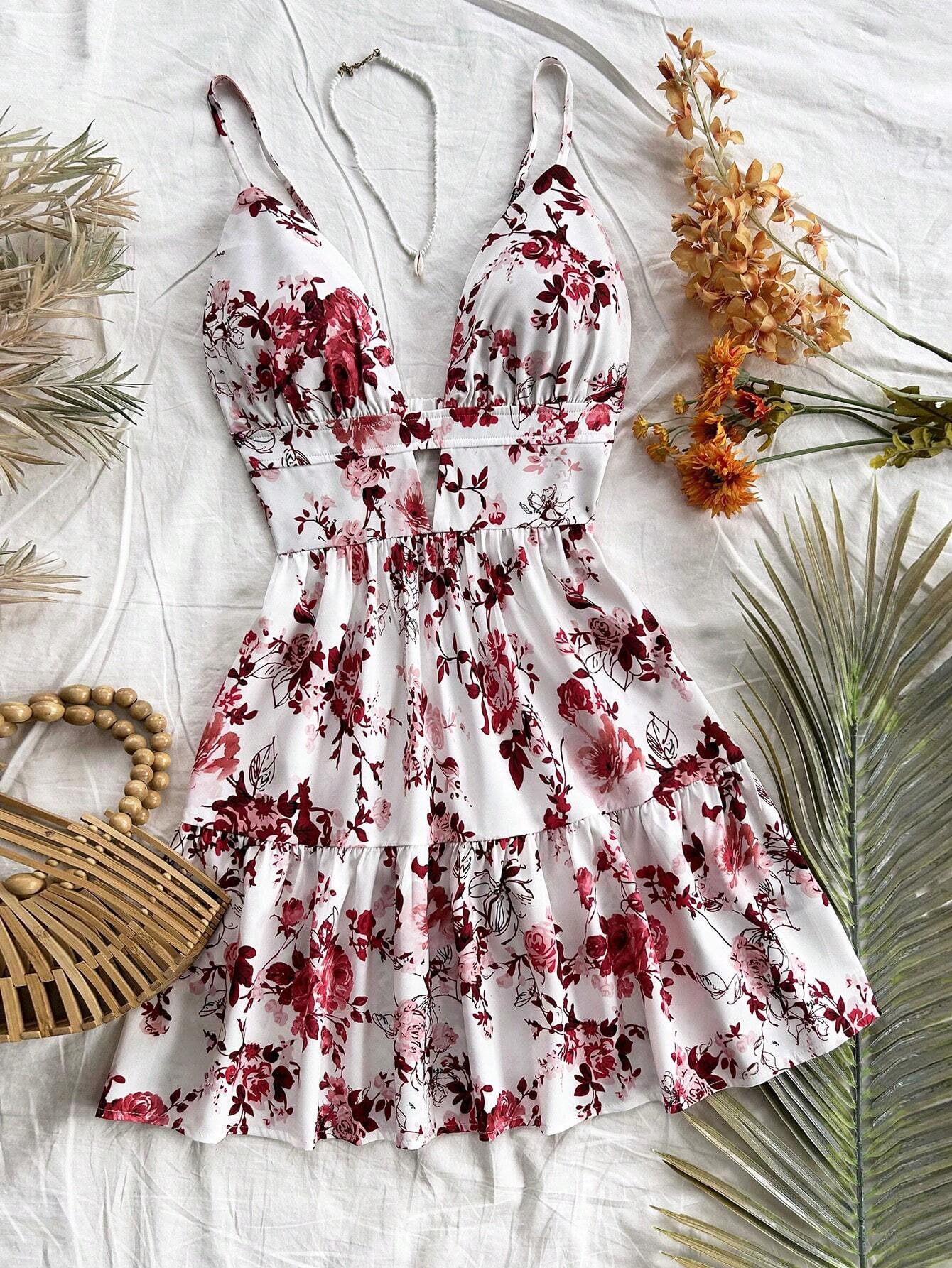 Soleia Vacation Spaghetti Strap V-Neck Hollow-Out Backless Floral Print Dress,Summer Dresses For Women
