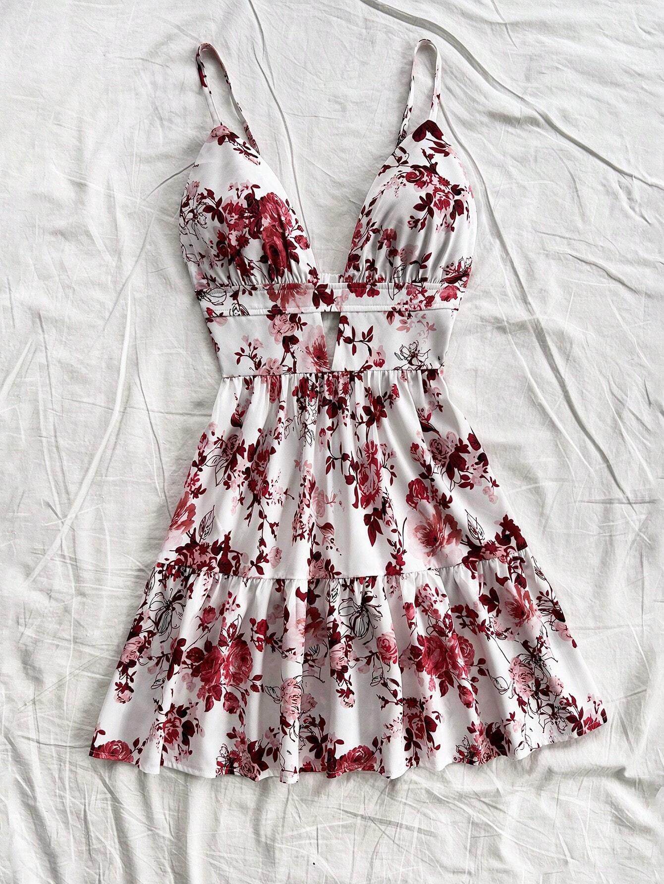 Soleia Vacation Spaghetti Strap V-Neck Hollow-Out Backless Floral Print Dress,Summer Dresses For Women