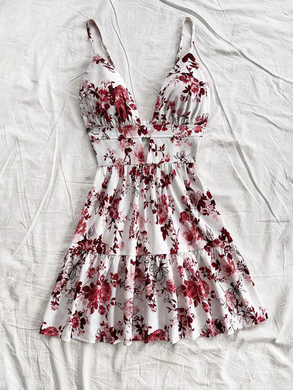 Soleia Vacation Spaghetti Strap V-Neck Hollow-Out Backless Floral Print Dress,Summer Dresses For Women