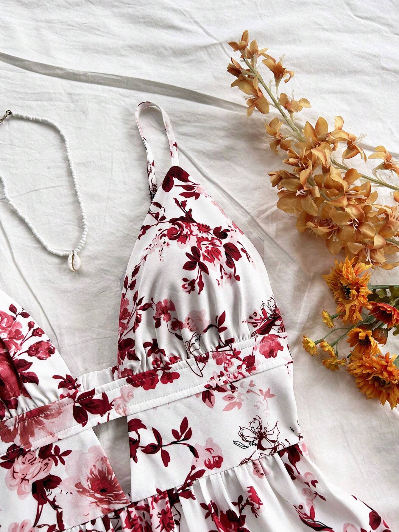 Soleia Vacation Spaghetti Strap V-Neck Hollow-Out Backless Floral Print Dress,Summer Dresses For Women