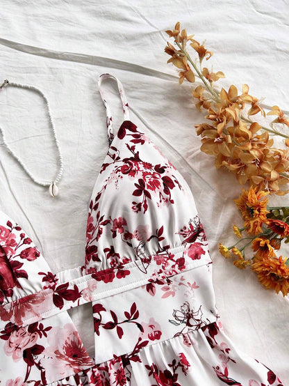 Soleia Vacation Spaghetti Strap V-Neck Hollow-Out Backless Floral Print Dress,Summer Dresses For Women