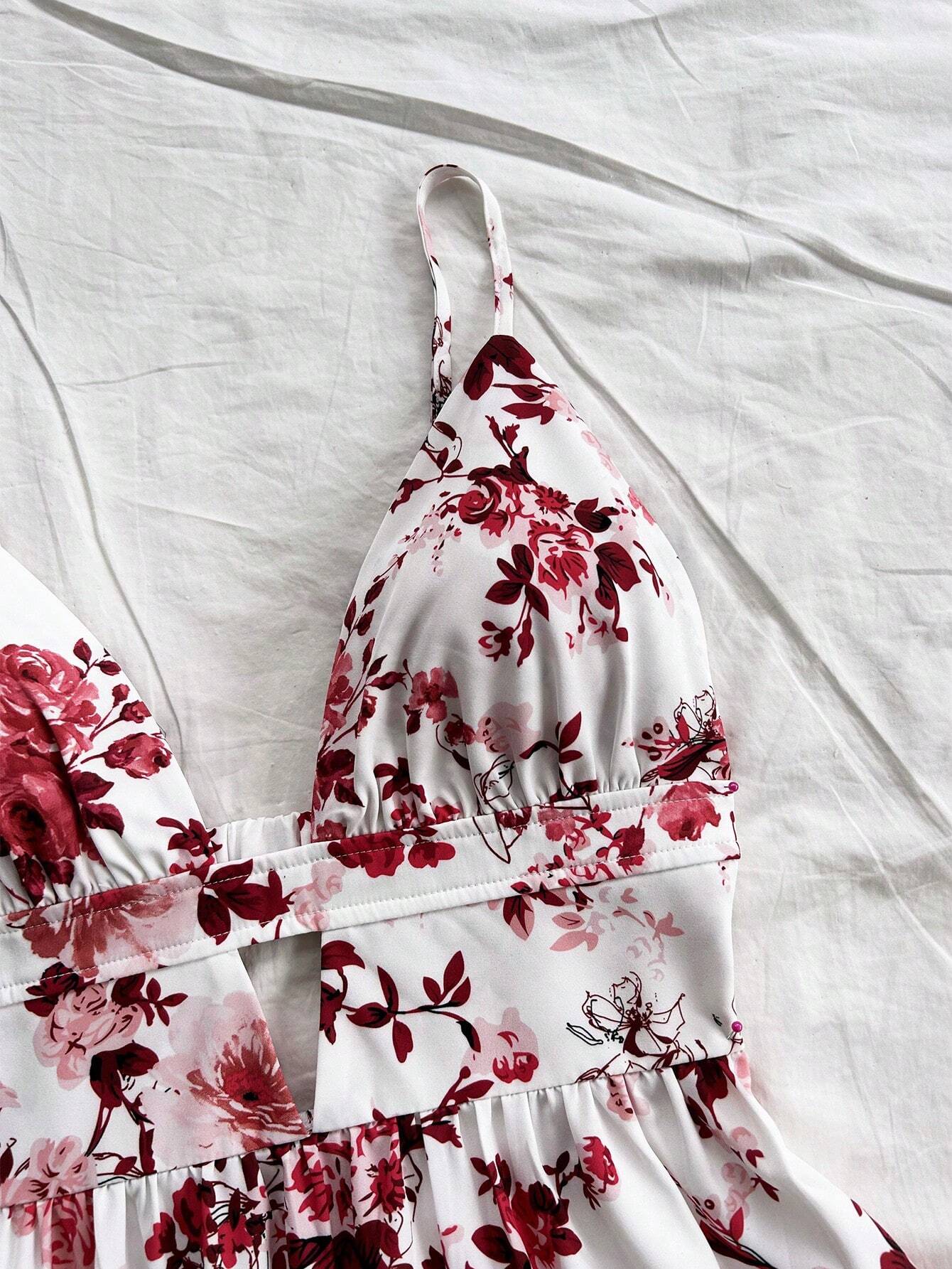 Soleia Vacation Spaghetti Strap V-Neck Hollow-Out Backless Floral Print Dress,Summer Dresses For Women