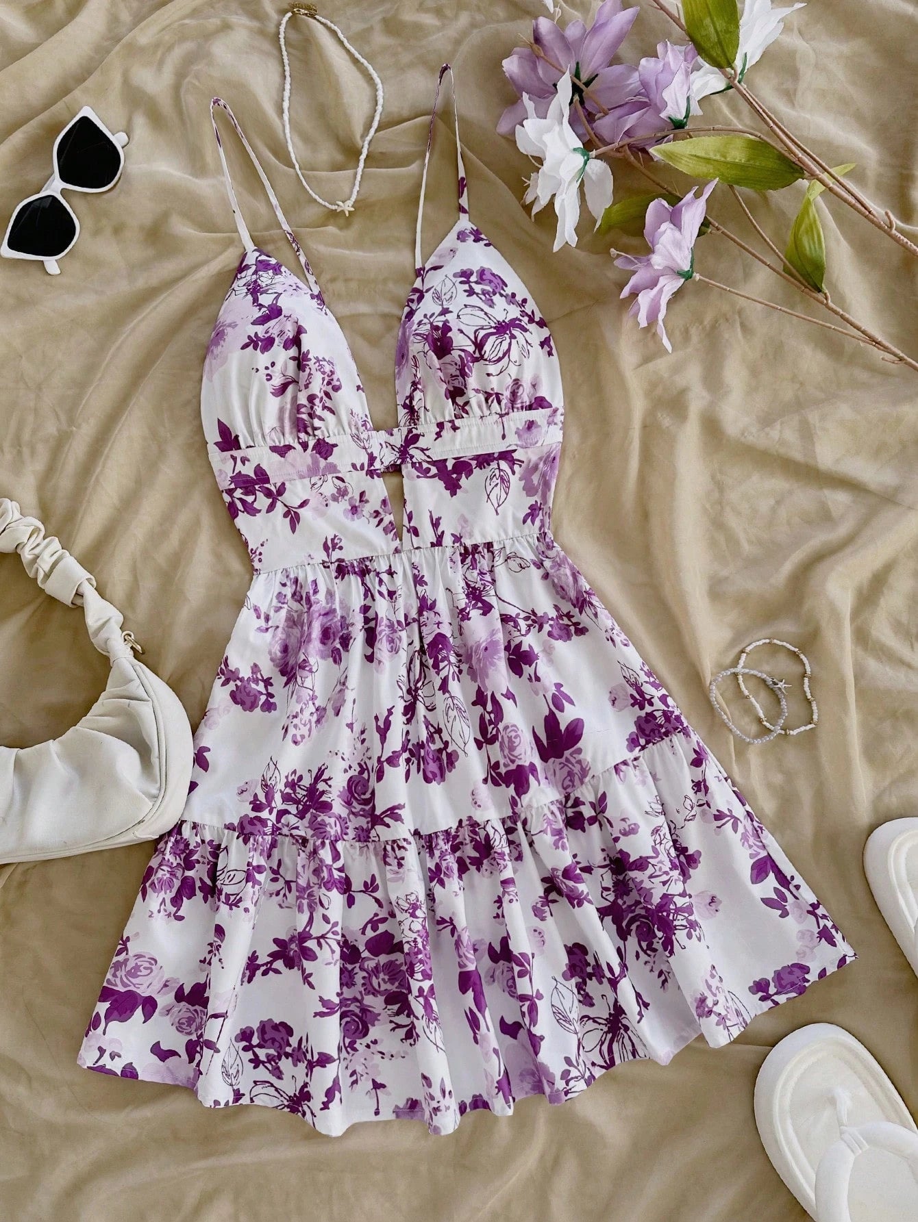 Soleia Vacation Spaghetti Strap V-Neck Hollow-Out Backless Floral Print Dress,Summer Dresses For Women