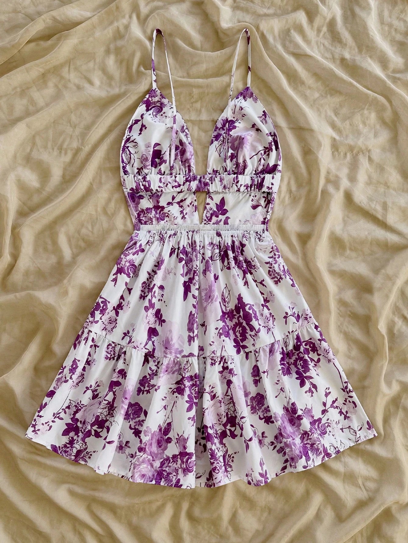 Soleia Vacation Spaghetti Strap V-Neck Hollow-Out Backless Floral Print Dress,Summer Dresses For Women