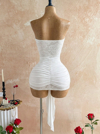 Soleia White Elegant Summer Party Lace Twist Bandeau Sheer Drawstring Hem Bodycon Mini Dress,Boho Vintage Style For Banquet,Vacation,Holiday,Beach,Cruise