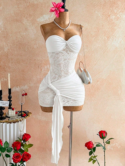 Soleia White Elegant Summer Party Lace Twist Bandeau Sheer Drawstring Hem Bodycon Mini Dress,Boho Vintage Style For Banquet,Vacation,Holiday,Beach,Cruise