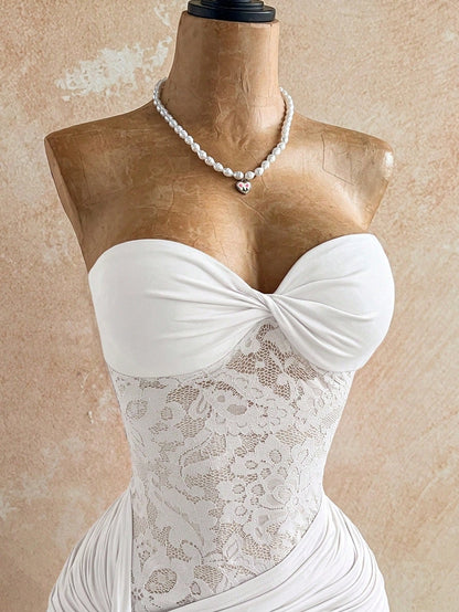 Soleia White Elegant Summer Party Lace Twist Bandeau Sheer Drawstring Hem Bodycon Mini Dress,Boho Vintage Style For Banquet,Vacation,Holiday,Beach,Cruise