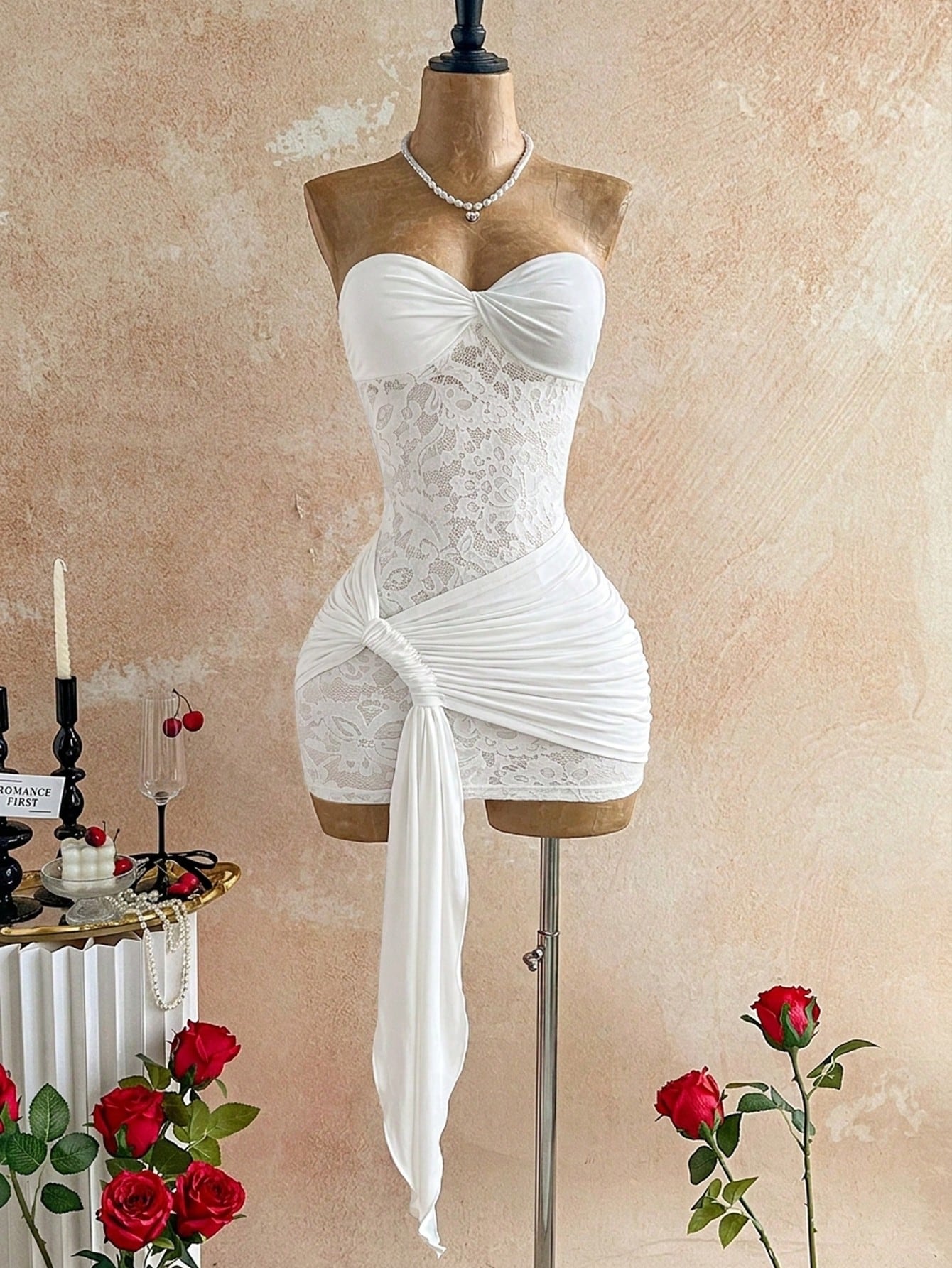 Soleia White Elegant Summer Party Lace Twist Bandeau Sheer Drawstring Hem Bodycon Mini Dress,Boho Vintage Style For Banquet,Vacation,Holiday,Beach,Cruise