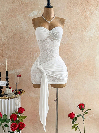 Soleia White Elegant Summer Party Lace Twist Bandeau Sheer Drawstring Hem Bodycon Mini Dress,Boho Vintage Style For Banquet,Vacation,Holiday,Beach,Cruise
