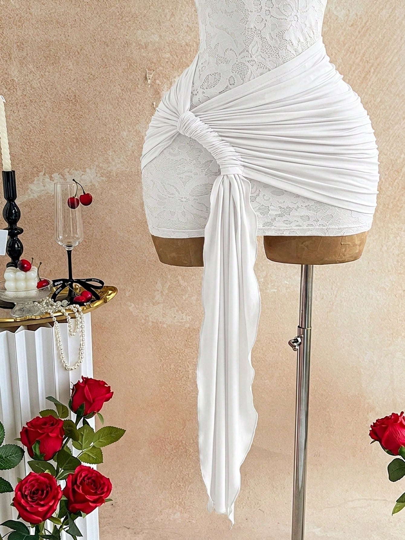 Soleia White Elegant Summer Party Lace Twist Bandeau Sheer Drawstring Hem Bodycon Mini Dress,Boho Vintage Style For Banquet,Vacation,Holiday,Beach,Cruise